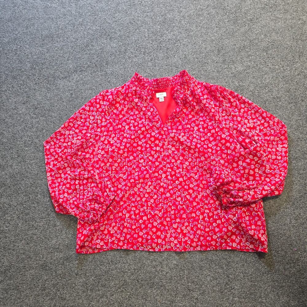 J Crew Top Womens Size XXL Red Pink V Neck Popover Long Sleeves Holiday Casual